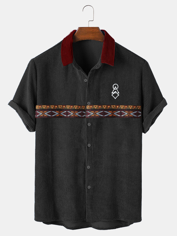 Mens Ethnic Geometric Pattern Patchwork Corduroy Casual Short Sleeve Shirts