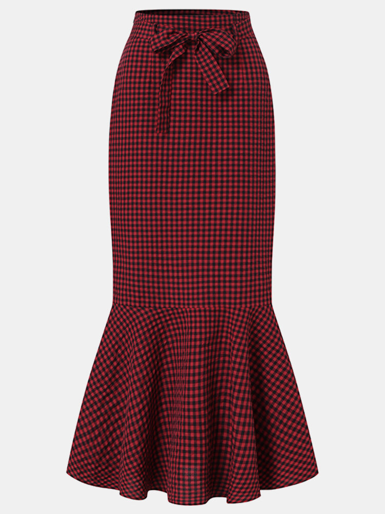 Ethnic Plaid Knotted Patchwork Casual Skirt For Women
