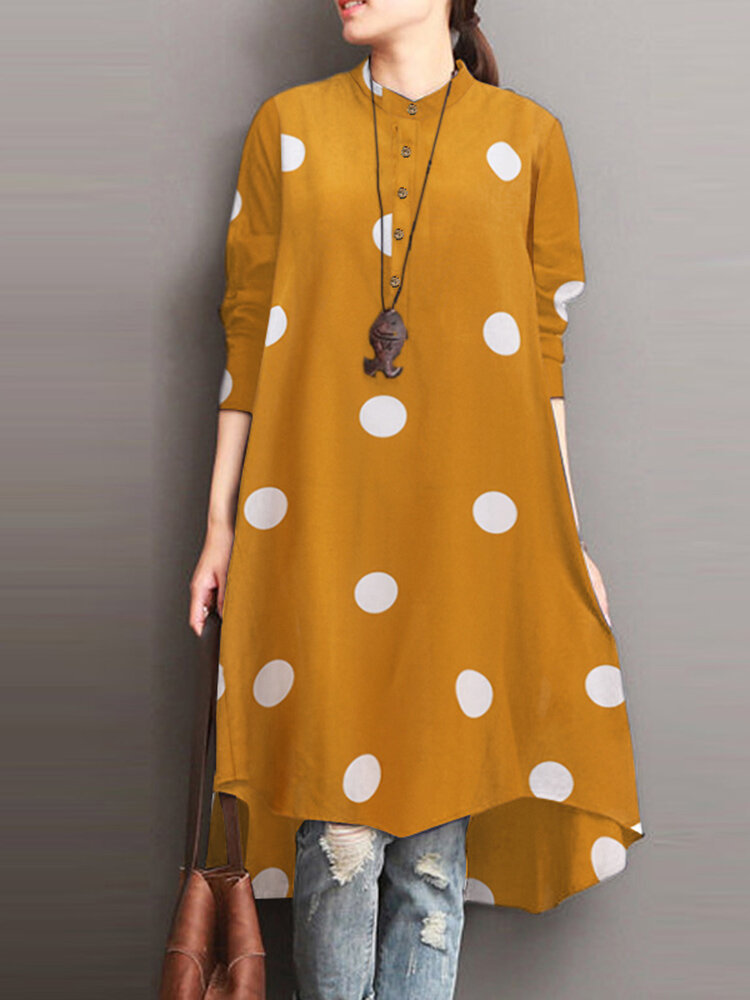 Polka Dot Print High-Low-Saum Langarm Kleid