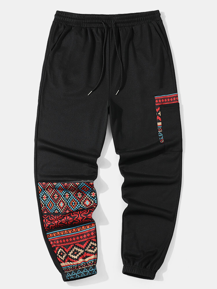 Мужские свободные спортивные штаны с этническим геометрическим принтом в стиле пэчворк