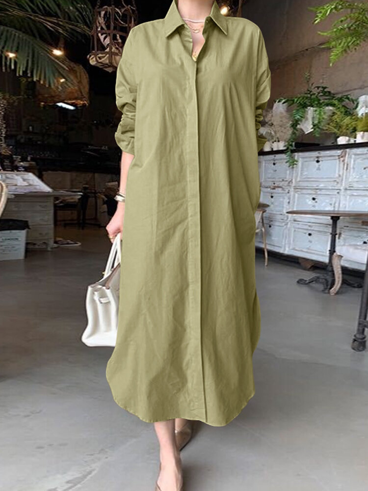 Solid Color Button Long Sleeve Casual Dress for Women
