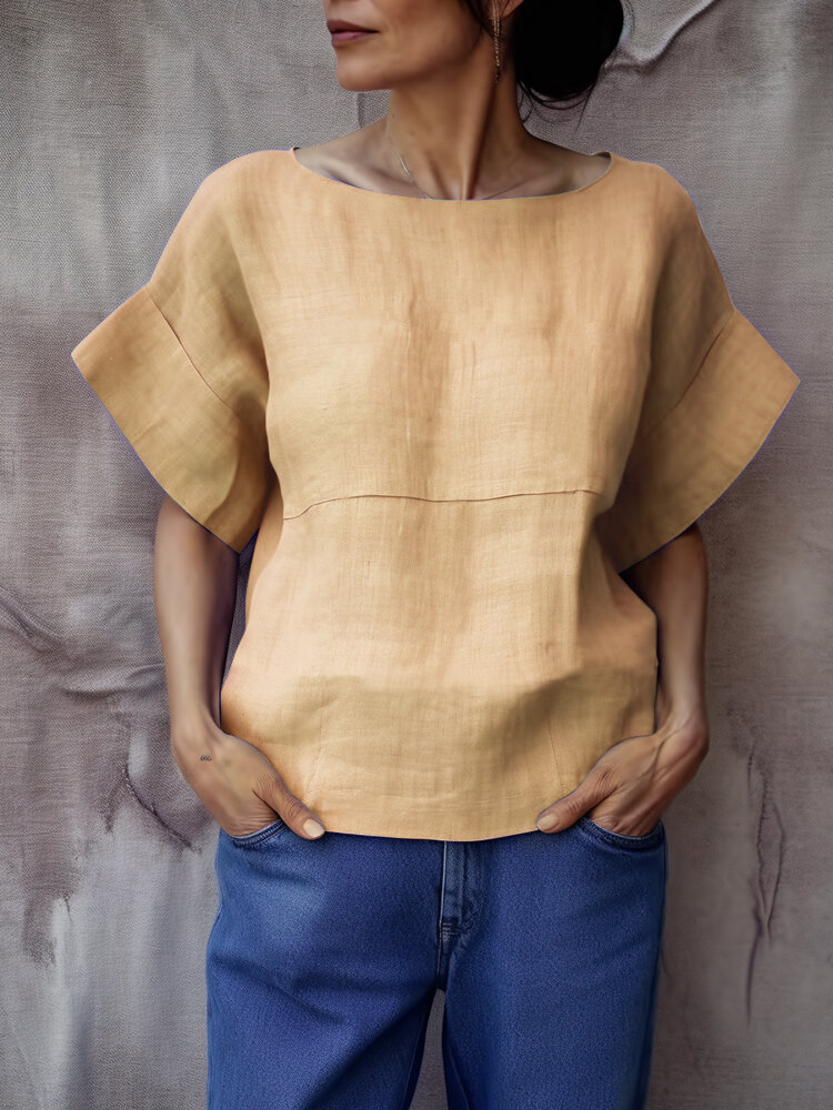 Women Plain Seam Detail Cotton Loose Short Sleeve Blouse