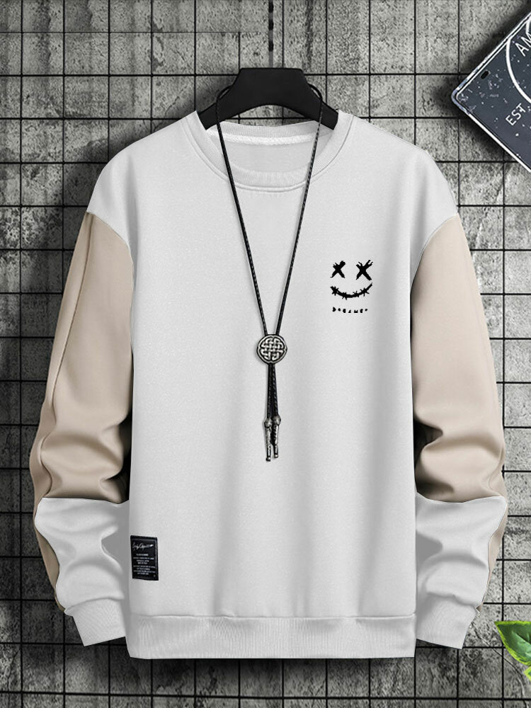 Mens Smile Face Print Contrast Patchwork Pullover Sweatshirts Winter