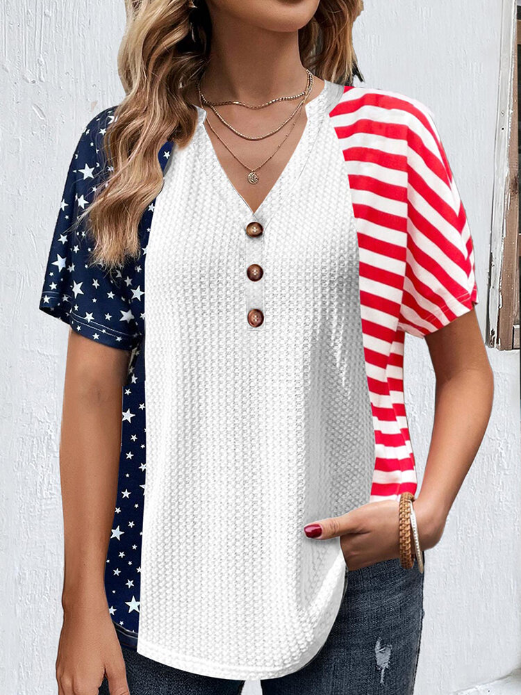 

American Flag Print Patchwork V-Neck Button Design Short Sleeve T-Shirt, White