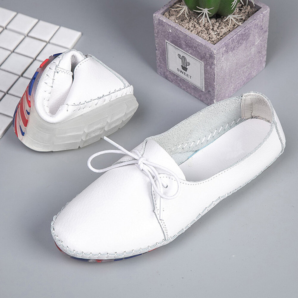 Soft Leather Lightweight Lace Up Front Oxford White Flats for Women
