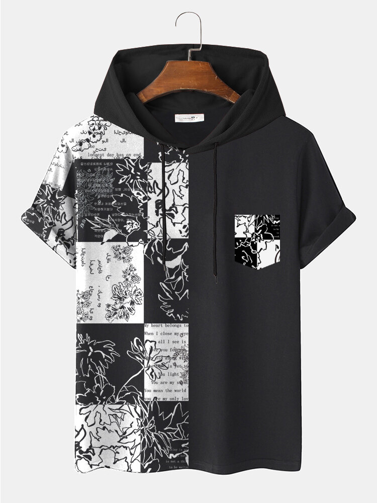 Mens Monochrome Floral Graphics Short Sleeve Drawstring Hooded T-Shirts