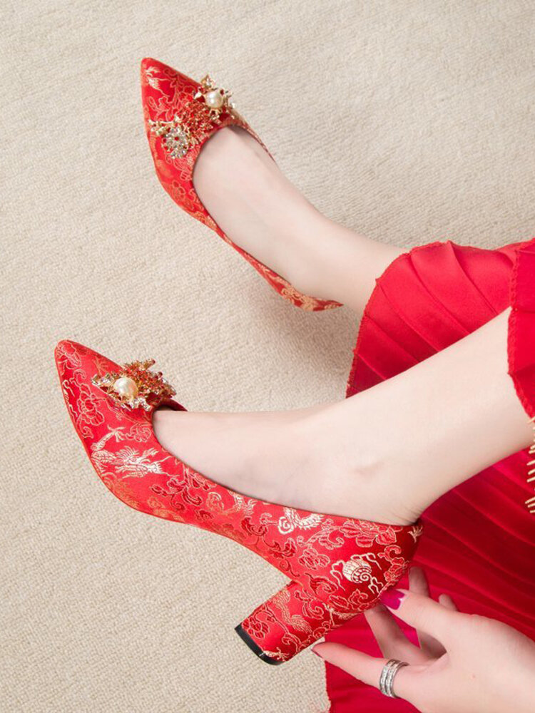

Women Elegant Ethnic Festive Chinese Slip-On Embroidered Pattern Wedding Party Shoes, Red stiletto heel;red chunky heel