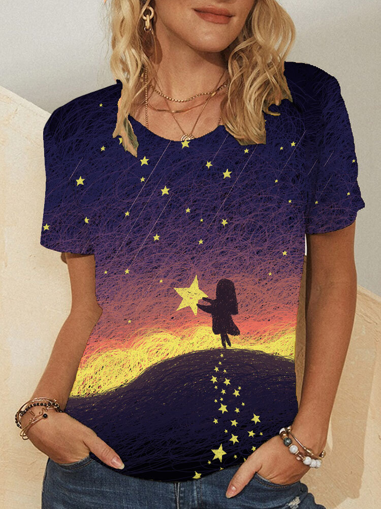 Star Print O-neck Short Sleeve Plus Size Casual T-shirt