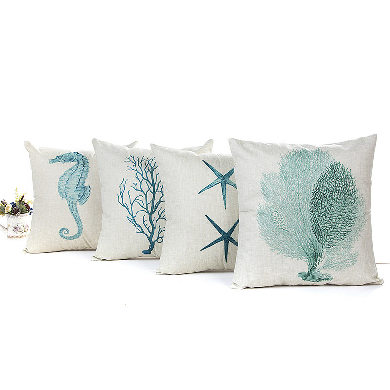 

Blue Sea House Starfish Cotton Linen Cushion Cover Square Soft Decorative Pillowcase