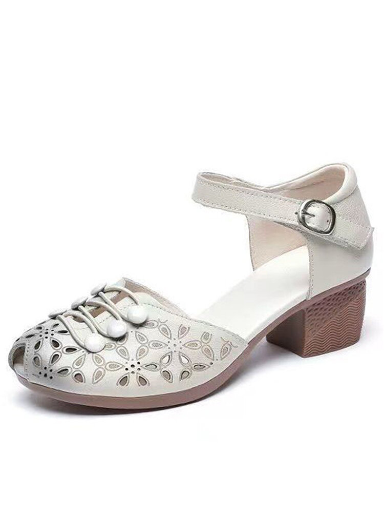 Women's New Elastic Button Design Retro Round Toe Laser Hollow Ethnic Style Heeled Sandals