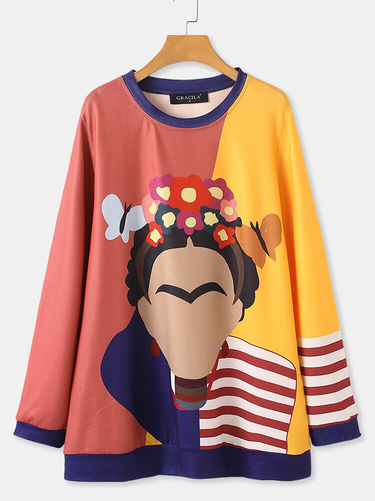 Patched Cartoon Print Long Sleeve Striped Sweatshirt For Women