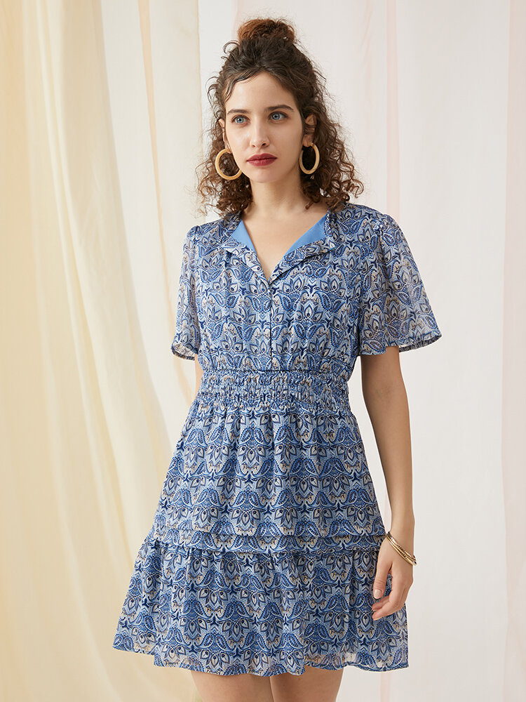 Paisley Print Tiered Smocked Waist Short Sleeve Lapel Collar Dress