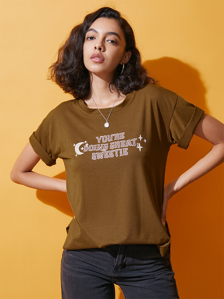 Lässiges Kurzarm-T-Shirt mit Rundhalsausschnitt und Buchstabengrafik für Damen