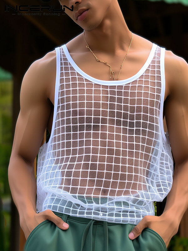 Regata masculina transparente em malha sem mangas