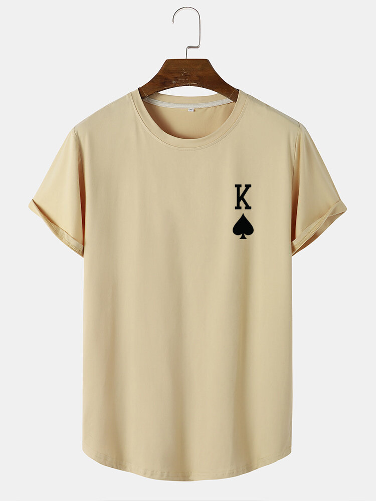 

Poker Heart K Print Curved Hem T-Shirts, White;black;khaki;wine red;army green;brown;lake blue;blue