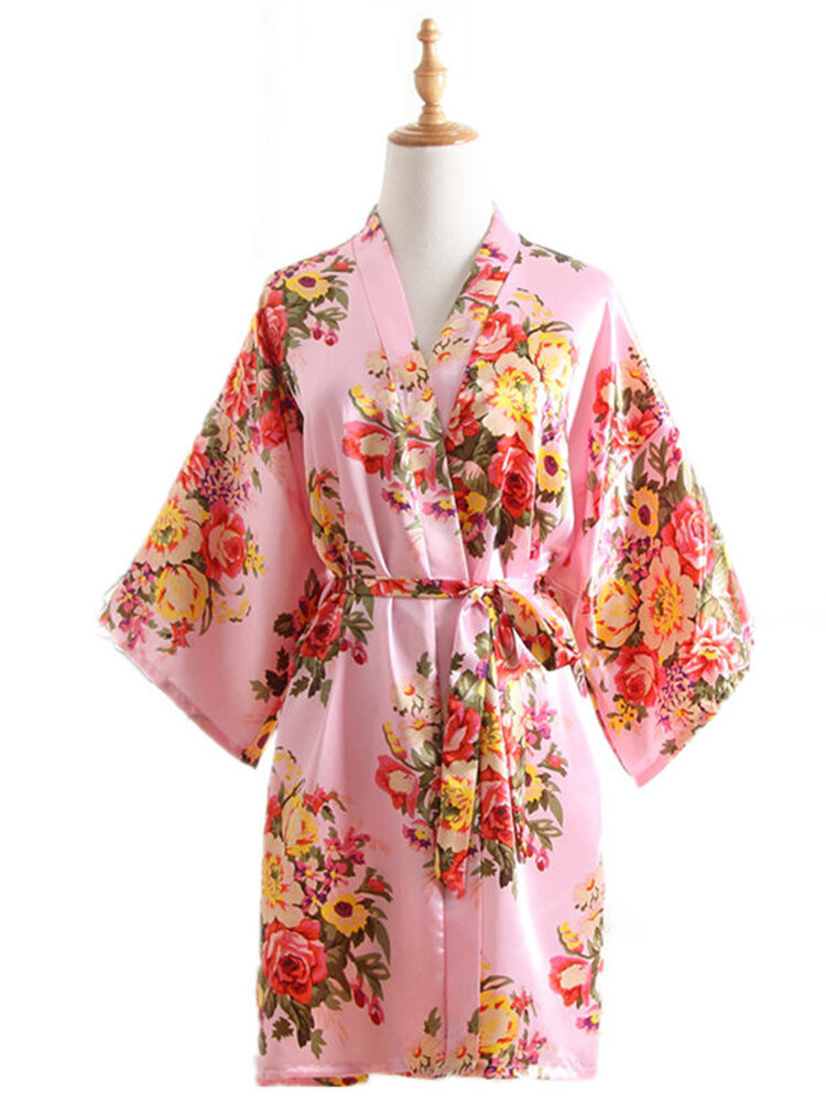 

7 Colors Silk Cherry Blossom Pattern Short Kimono Gown Summer Nightgown Bathrobe, Black;rose red;navy blue;lake blue;lightblue