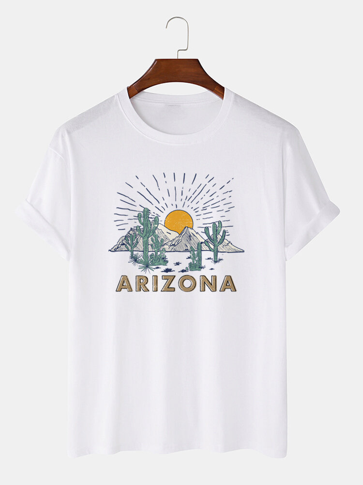 

Mens Pure Cotton Cactus Sunset Short Sleeve Soft T-Shirts, Gray;pink;white;blue;beige;khaki