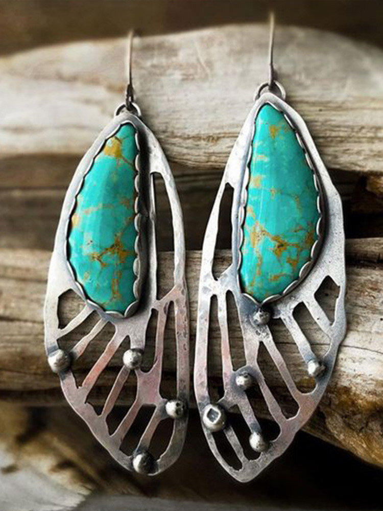 Vintage Hollow Butterfly Wing Shape Inlaid Turquoise Alloy Earrings