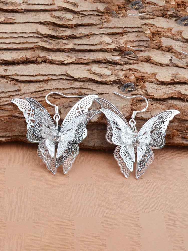 Vintage Metal Geometric Hollow Pointed Tail Butterfly Earrings Temperament Stereoscopic Butterfly Earrings