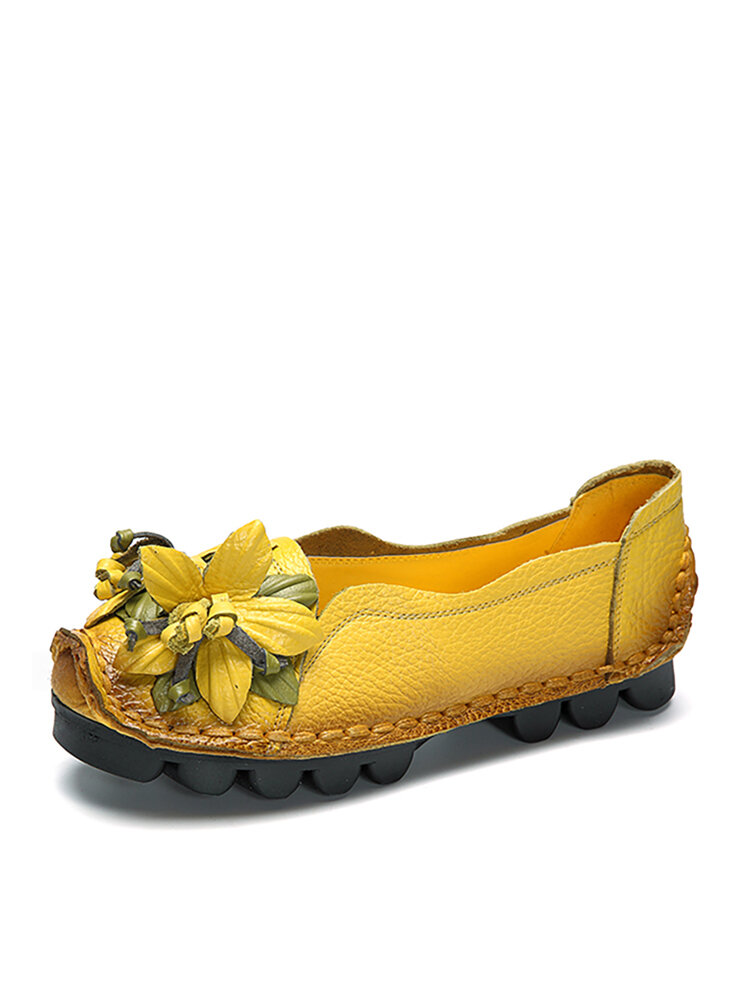 SOCOFY Genuine Leather Handmade Flower Loafers Soft Flat Casual Shoes