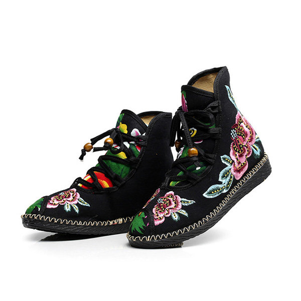 Embroidered Flower Cloth Soft Sole Lace Up Vintage Ankle Boots