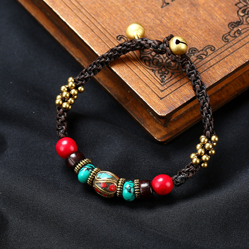 

Original Ethnic Hand-made Exotic Nepalese Bead Wax Rope Bracelet Songshi Tibetan jewelry fou Women