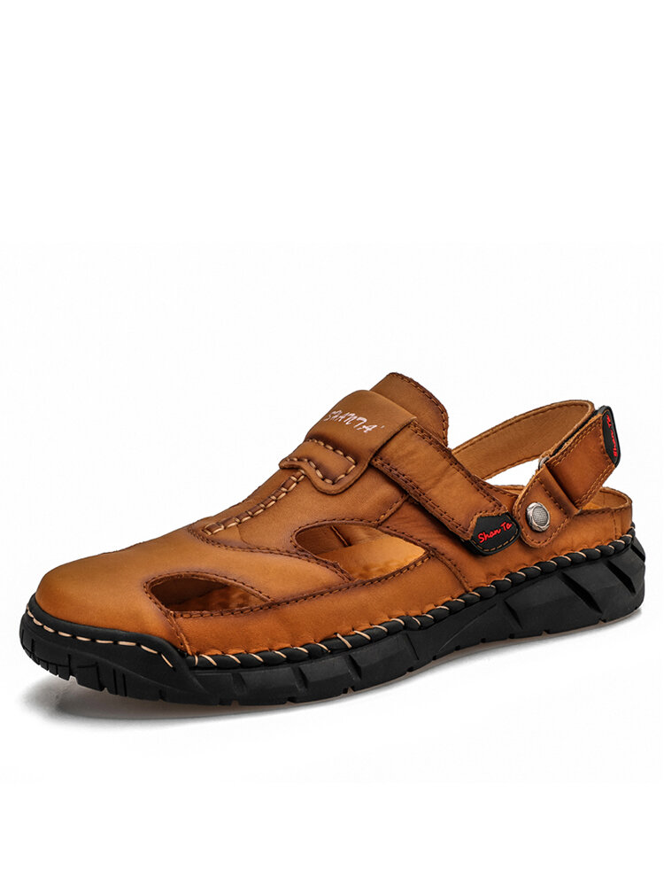 Men Genuine Leather Non Slip Hand Stitching Soft Sole Casual Sandals