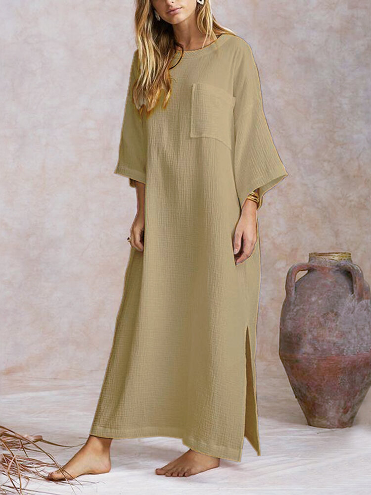 Side Slit Solid Color Long Sleeve Maxi Dress For Women