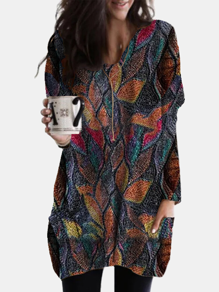 Vintage Printed Long Sleeve V-neck Casual Blouse For Women