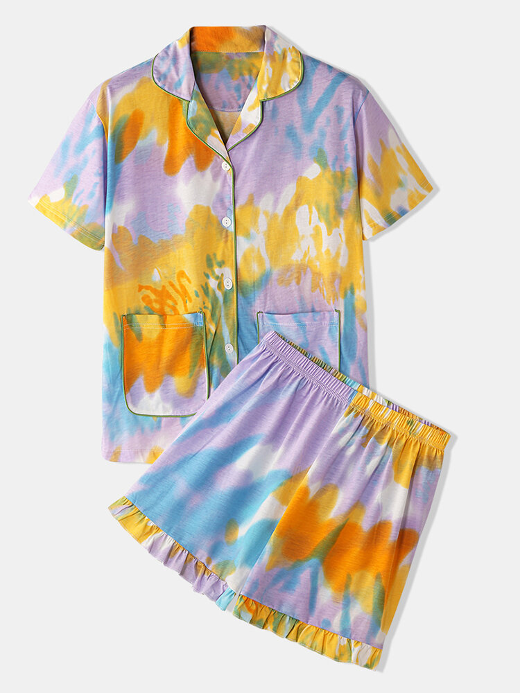 

Women Tie Dye Pajamas Set Softies Short Sleeve Top With Pocket Flounce Trim Bottom Loungewear, Purple;yellow;blue
