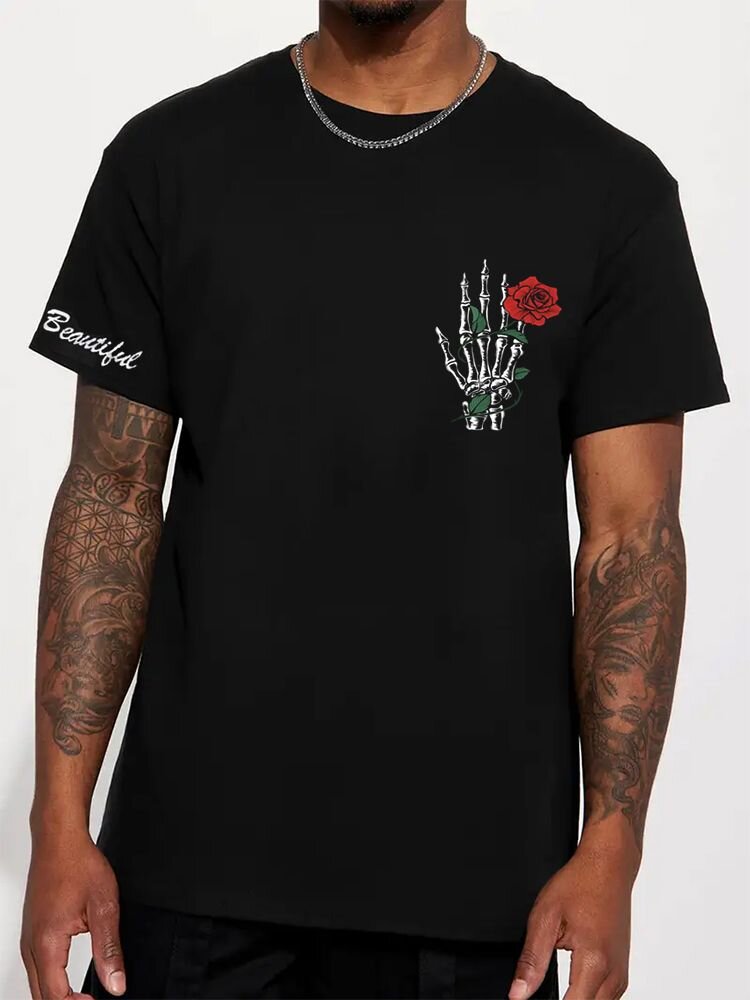 

Mens Rose Skeleton Hand Print Crew Neck Short Sleeve T-Shirts Winter, Black