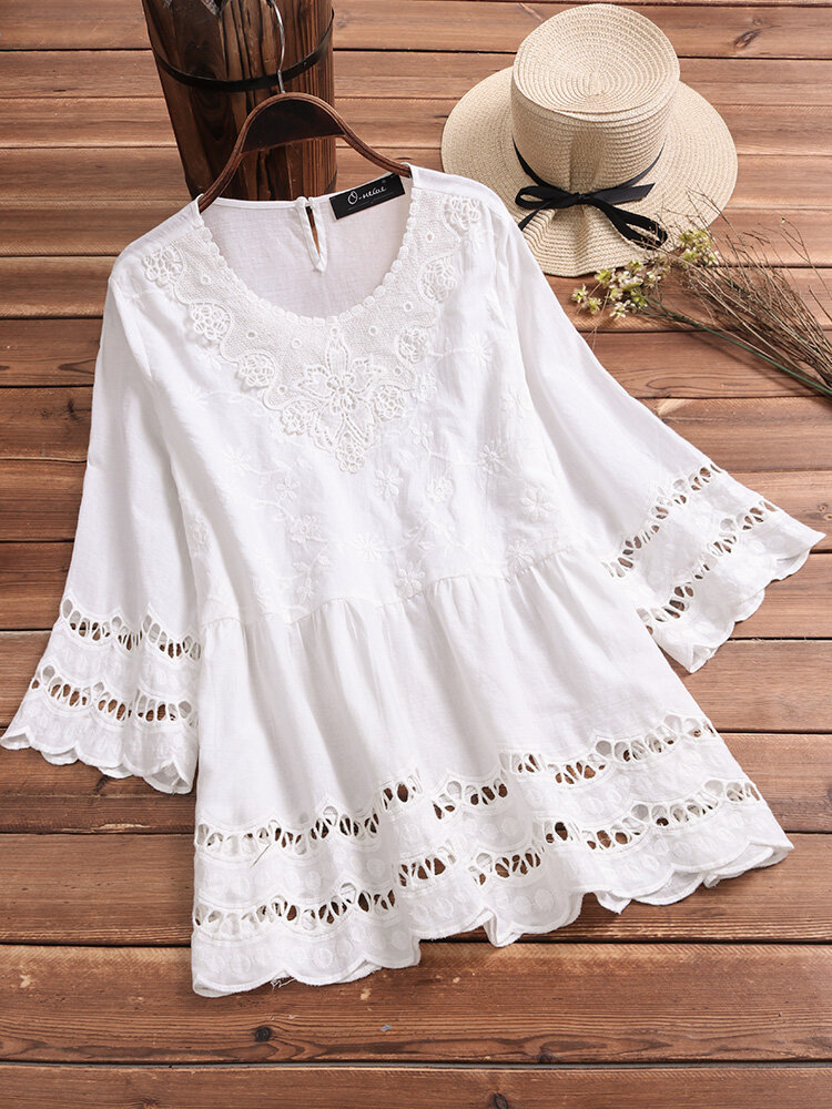 O-NEWE Elegant Hollow Lace White Shirts for Women - Newchic