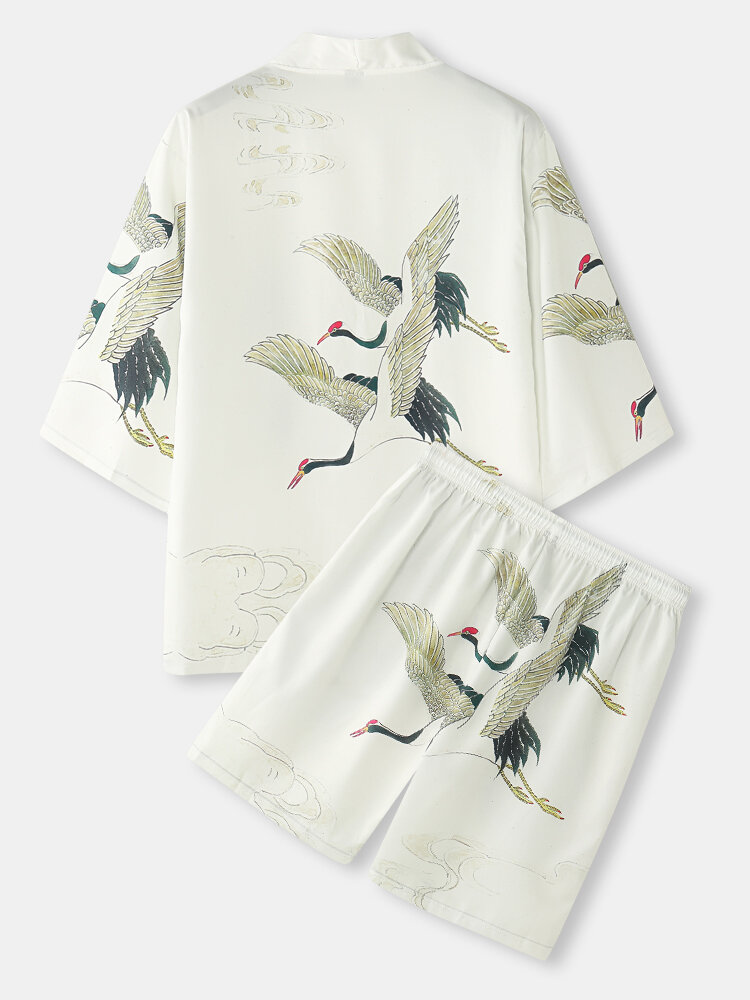 

Mens Ethnic Style Crane Pattern Kimono & Pocket Shorts Co-ords, White