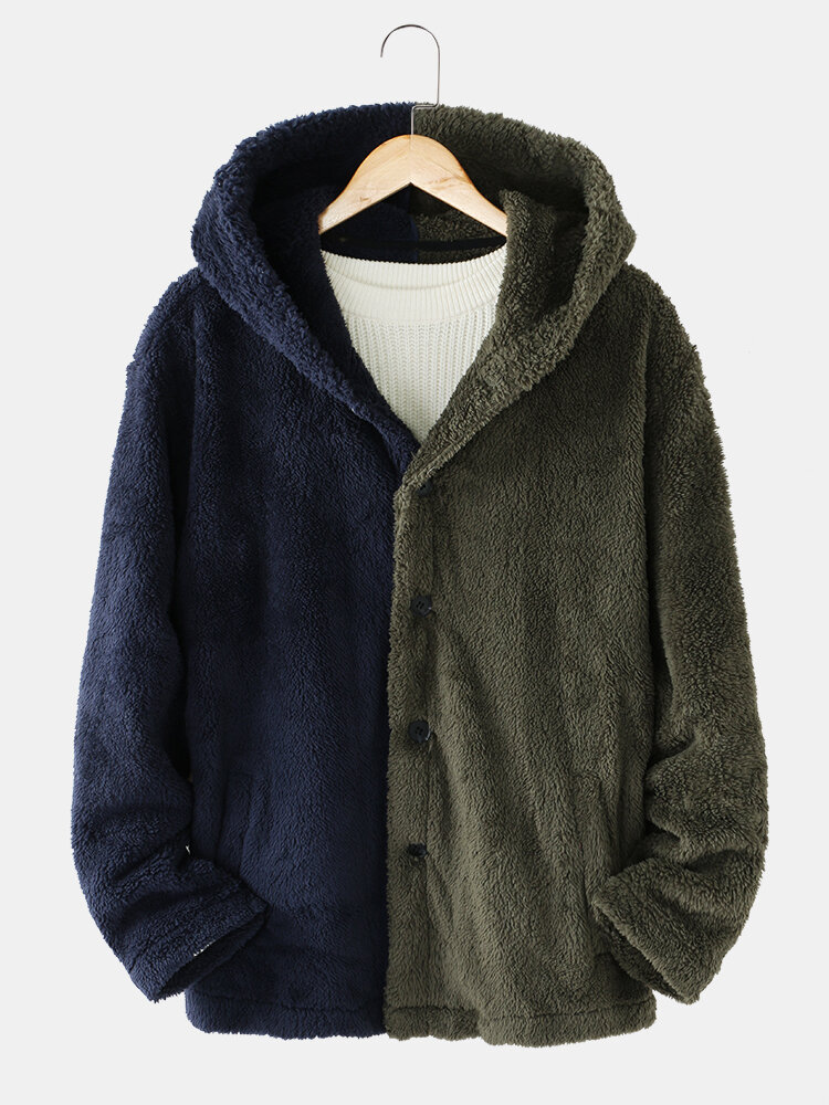 Mens Contrast Stitching Button Up Plush Casual Hooded Jackets