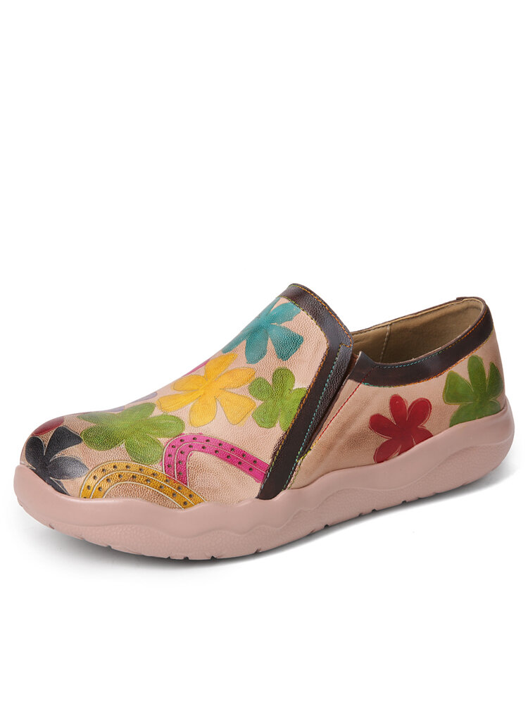Socofy Genuine Leather Lightweight Soft Comfy Casual Ethnic Floral Flat Shoes