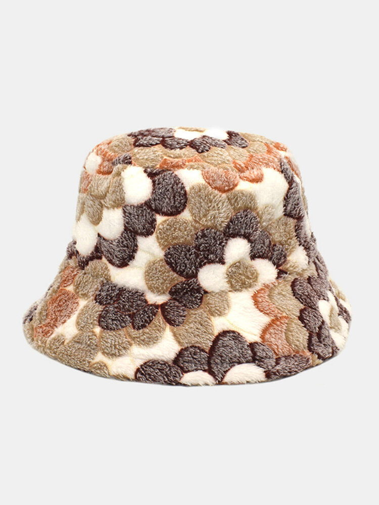 Women Coral Fleece Overlay Flower Pattern Embossed Fashion Warmth Bucket Hat
