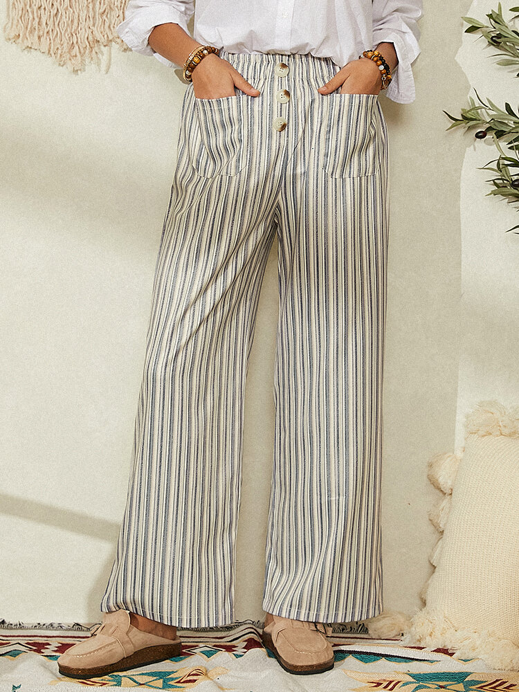 Striped Pocket Elasitc Waist Casual Pants For Women