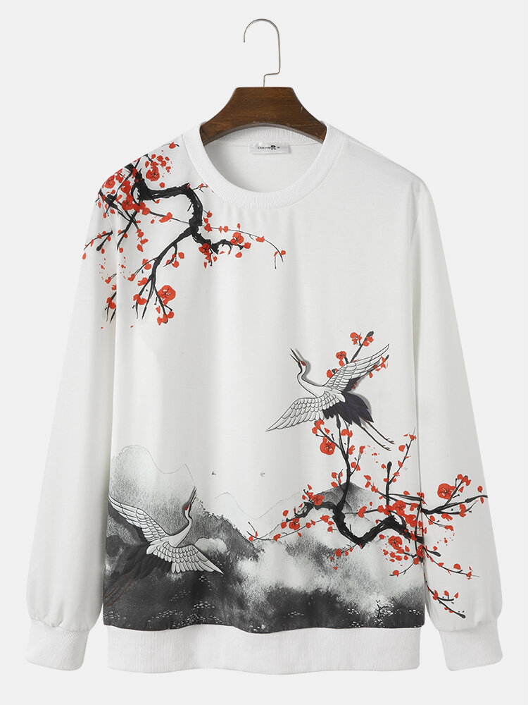 

Mens Plum Blossom Crane Landscape Print Chinese Style Pullover Sweatshirts, White