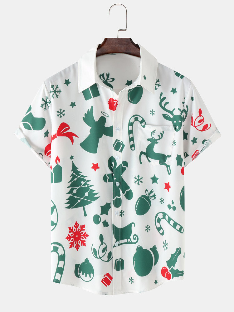 Mens All Over Christmas Element Print Button Up Short Sleeve Shirts