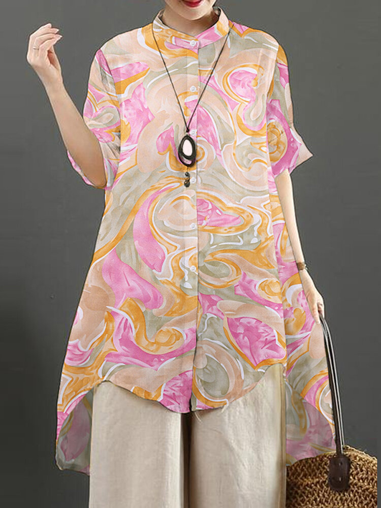 Women Abstract Print Stand Collar High-Low Hem Shirt