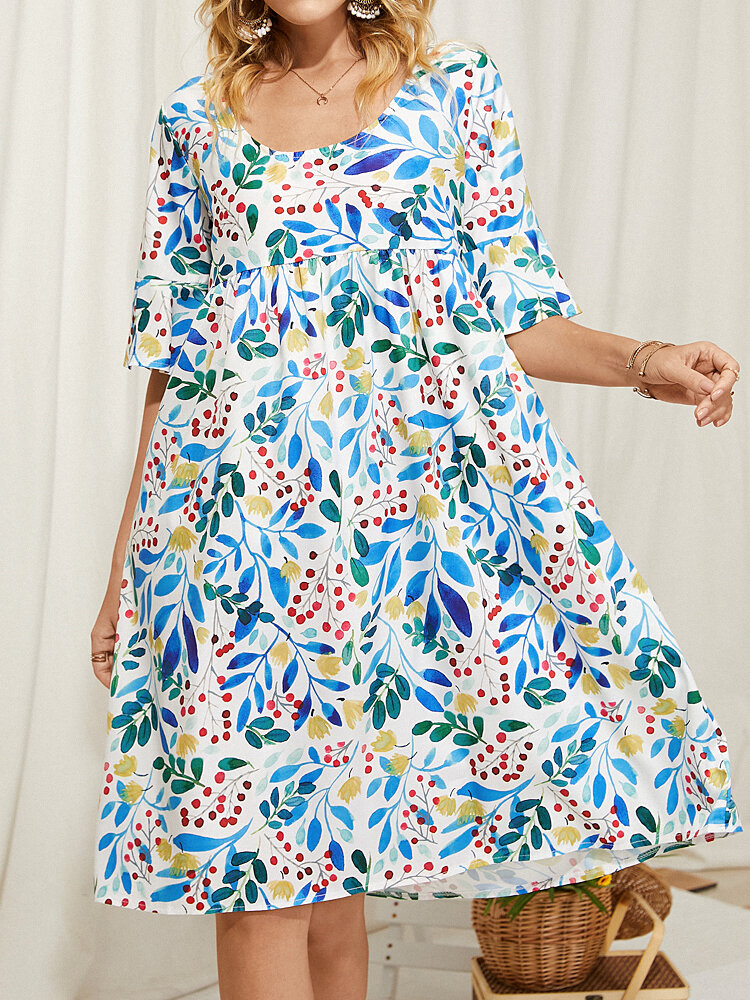 Summer Holiady Leaves Print O-neck Half Sleeve Women Loose Dress