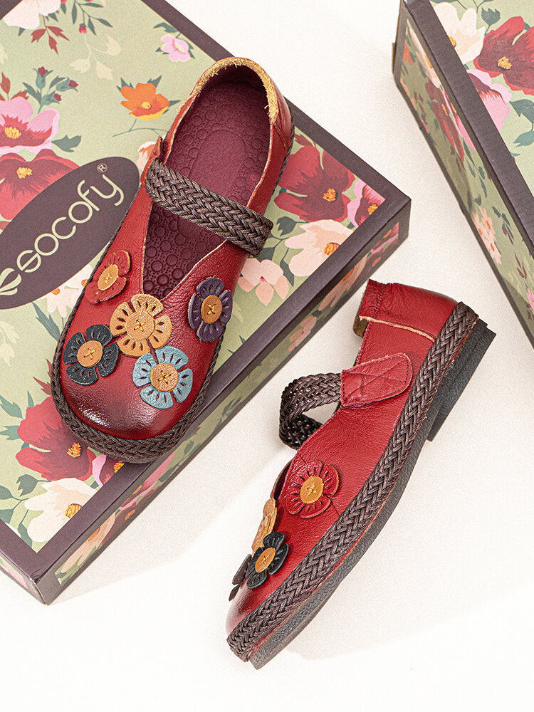 

Socofy Genuine Leather Handmade Retro Ethnic Soft Comfy Hook & Loop Floral Embellished Mary Jane Shoes, Red