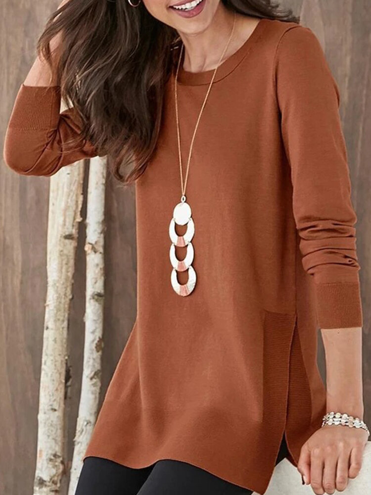 Side Splited Solid Color Long Sleeve Casual Blouse For Women