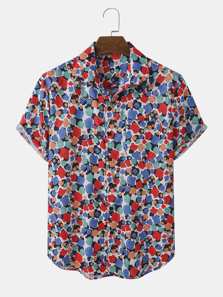 Mens Colorful Floral Print Button Up Holiday Short Sleeve Shirts