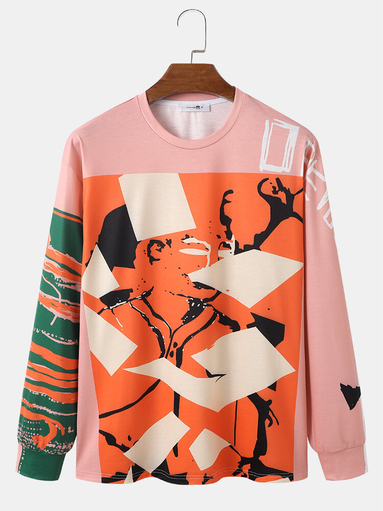 Mens Abstract Figure Pattern Crew Neck Street Pullover Sweatshirts