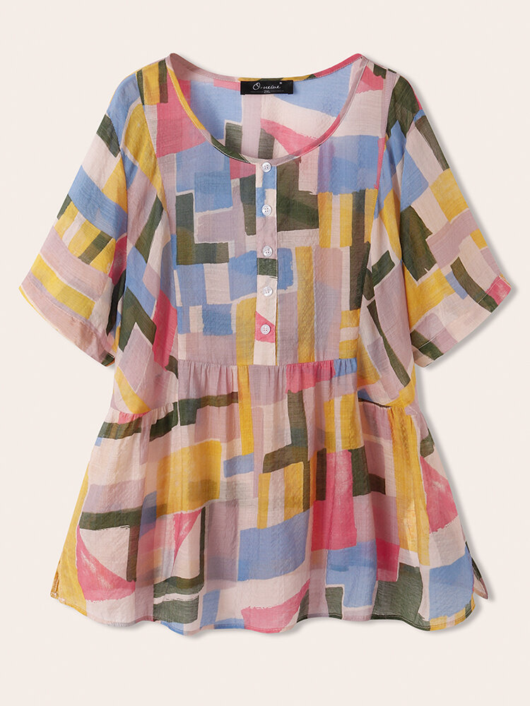 Colorblocks Print Buttons Short Sleeve Ruffled Plus Size Blouse