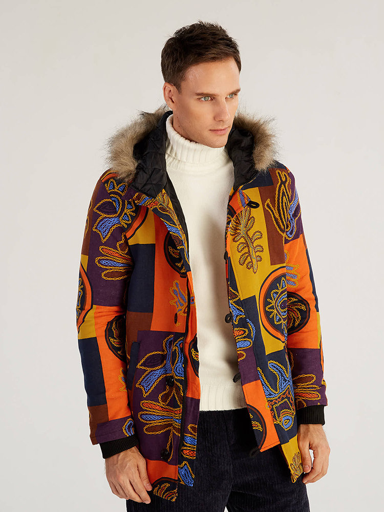 Abrigo con capucha medio largo de manga larga cálida con estampado de estilo étnico de moda para hombre