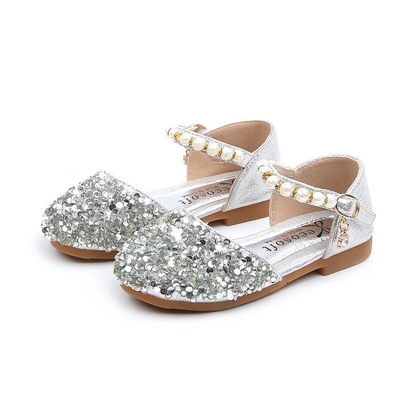 Girls Sequined Pearls Decor Hook Loop Shining Princess Flat Shoes
