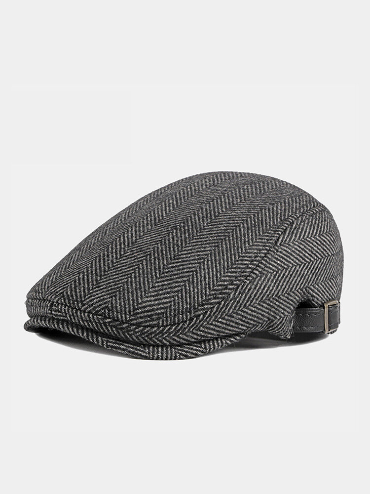 

Men Woolen Solid Color Herringbone Lattice Pattern Casual Warmth Beret Flat Cap