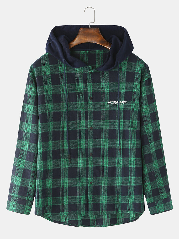 

Mens Check Letter Back Print Casual Loose Fit High Low Hem Button Drawstring Hoodies, Green